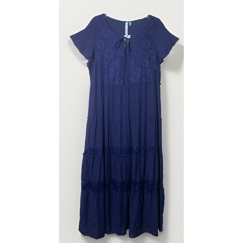 NY Collection Women's Size 2XL Navy Blue Boho Tiered Crochet Maxi Dress NWT